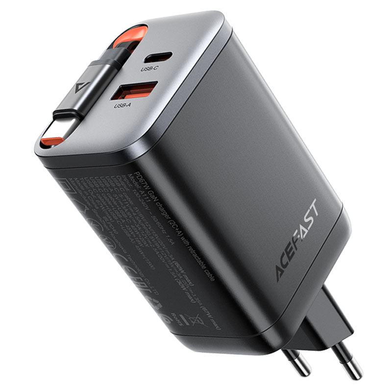 ACEFAST A111 PD67W GaN Wall Charger with Retractable USB-C Cable + USB-A (EU)