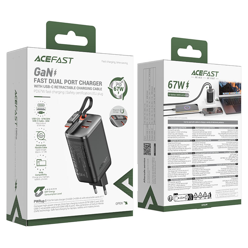 ACEFAST A111 PD67W GaN Wall Charger with Retractable USB-C Cable + USB-A (EU)