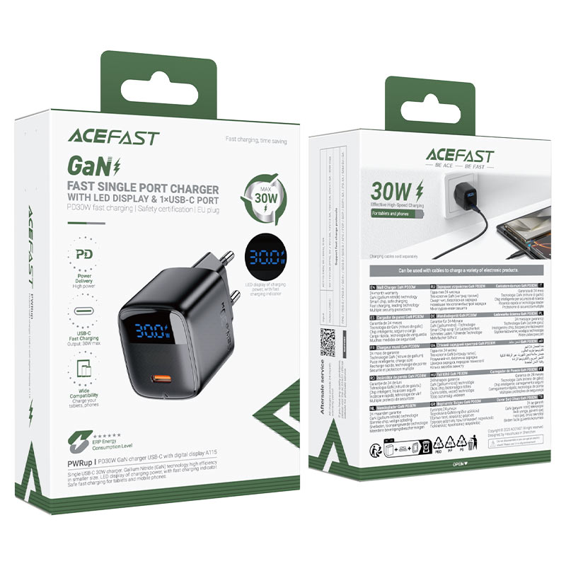 ACEFAST A115 PD30W GaN Wall Charger with LED Display & USB-C Cable (EU)