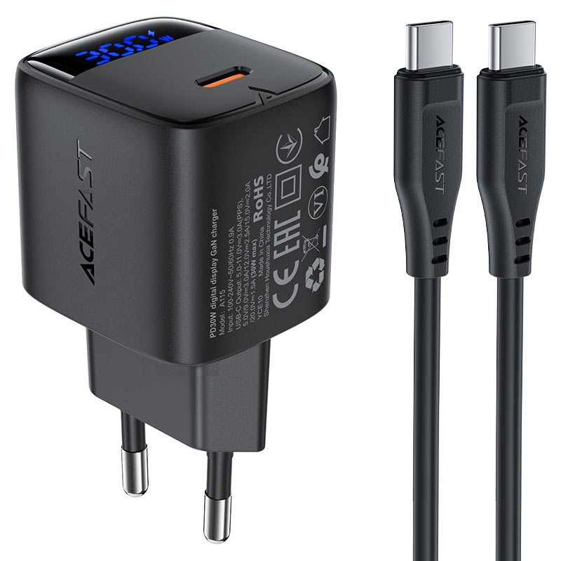 ACEFAST A115 PD30W GaN Wall Charger with LED Display & USB-C Cable (EU)