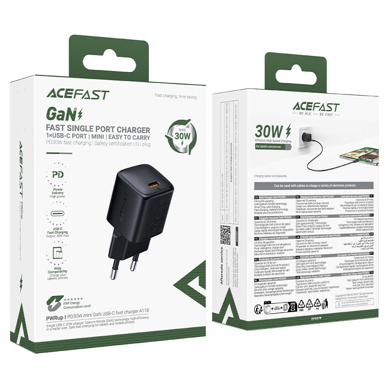 ACEFAST A118 PD30W GaN Wall Charger Single USB-C EU Plug