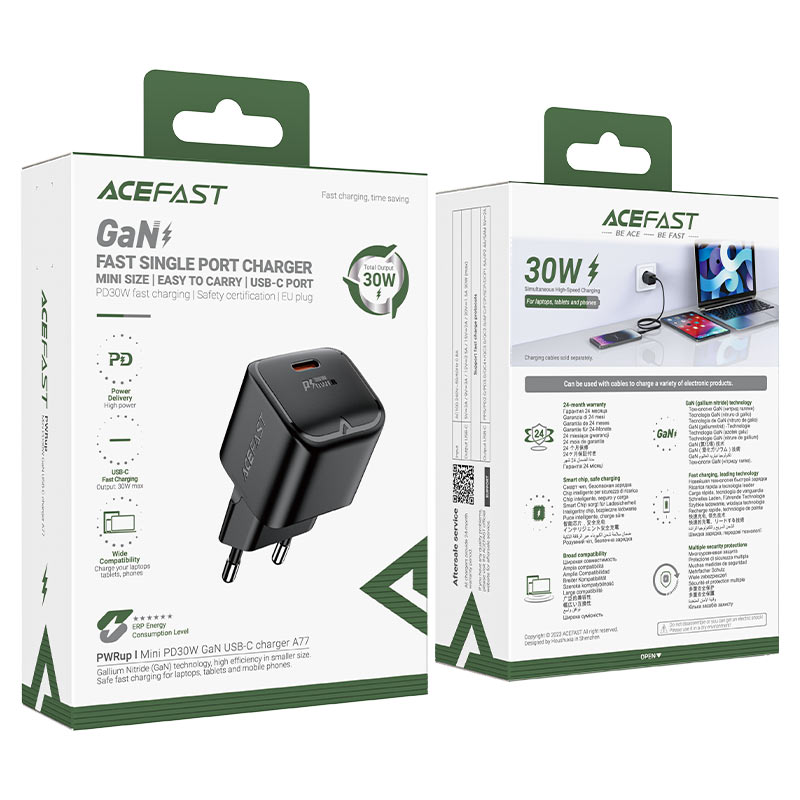ACEFAST A77 Mini PD30W GaN USB-C Wall Charger EU — 48g Compact Fast Charger