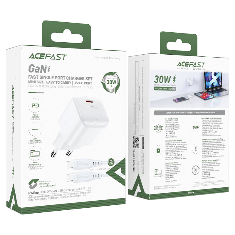 ACEFAST A77 Mini PD30W GaN USB-C Charger Set with C3-03 Cable (EU)