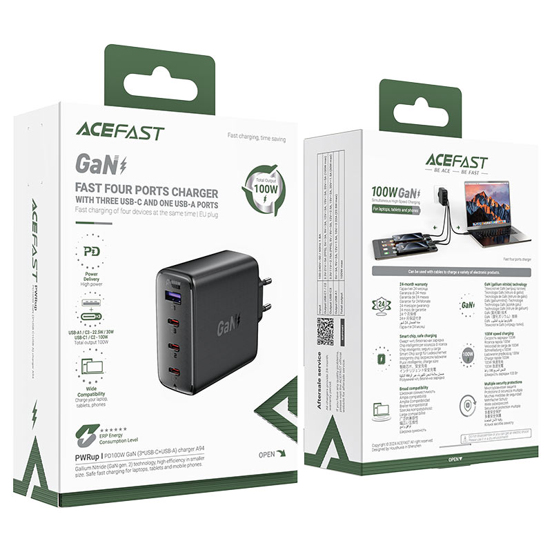ACEFAST A94 PD100W GaN Wall Charger 4-Port (3×USB-C + USB-A) EU