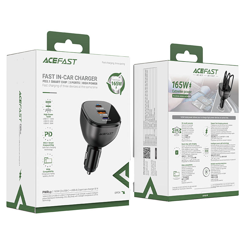 ACEFAST B14 165W PD3.1 Car Charger 3-Port (2×USB-C + USB-A)