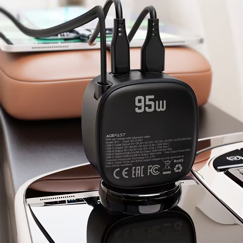 شاحن سيارة ACEFAST B17 سريع 95W مع كابل USB-C قابل للسحب