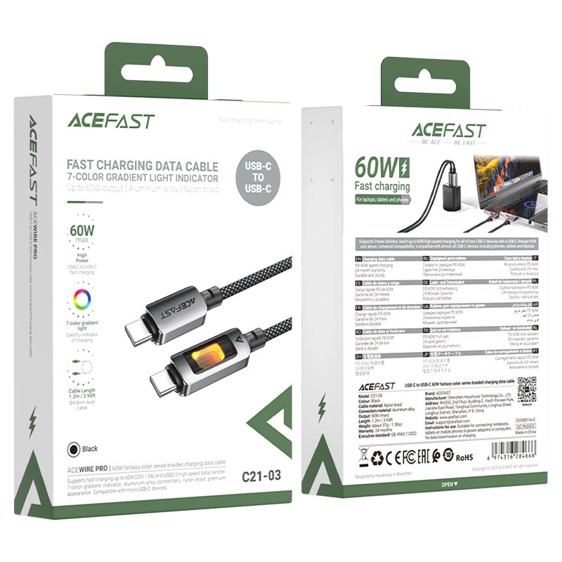 كيبل شحن Acefast C21-03 USB-C إلى USB-C بقدرة 60W