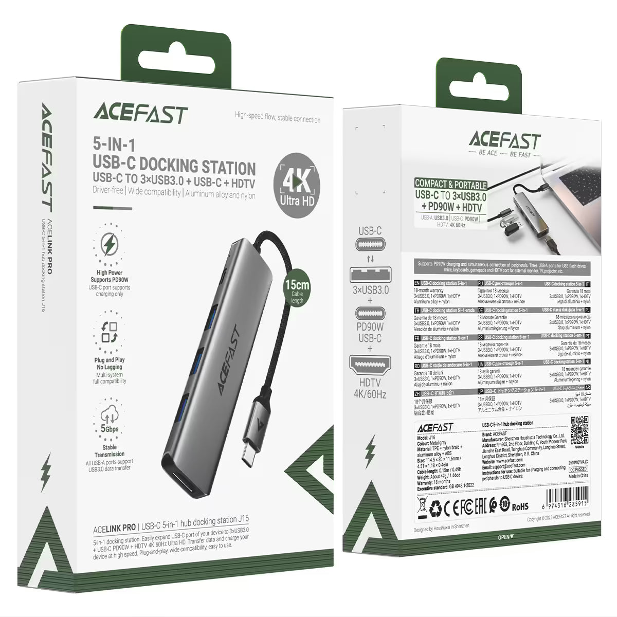 قاعدة ACEFAST J16 USB-C 5 في 1 4K 60Hz PD 90W