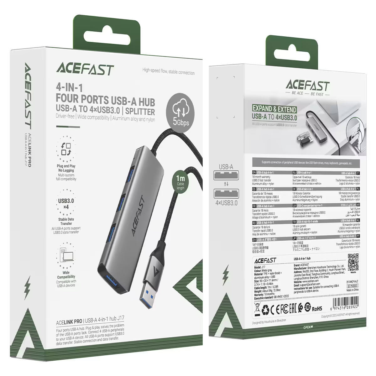 ACEFAST J17 USB-A Hub 4-in-1 – 4 × USB3.0 Ports, 5Gbps, 1m Cable