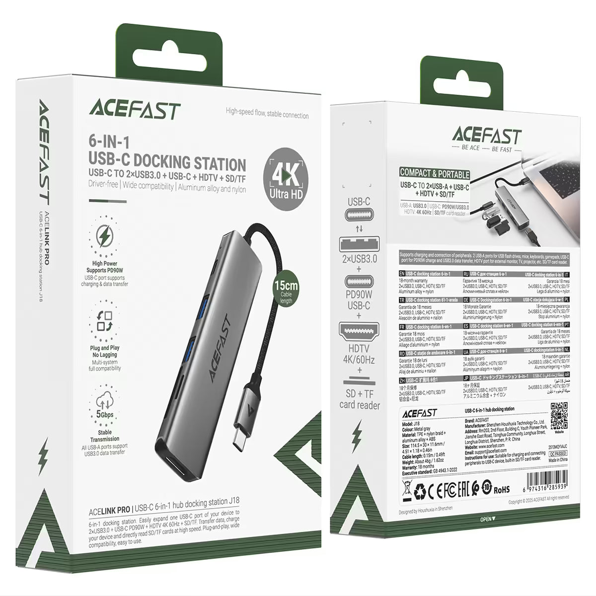 ACEFAST J18 USB-C Docking Station 6-in-1 – 4K 60Hz, 90W PD, 5Gbps