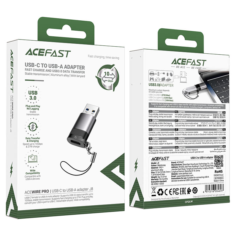 ACEFAST J8 USB-C to USB-A Adapter – 10Gbps, 27W Charging, Plug & Play