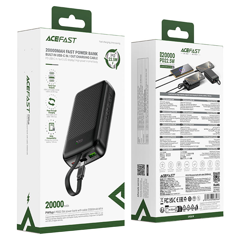 ACEFAST M14 Power Bank 20000mAh – PD 22.5W Fast Charge | Built-In USB-C Cable | USB-A | LED Display | Multiple Safety Protection