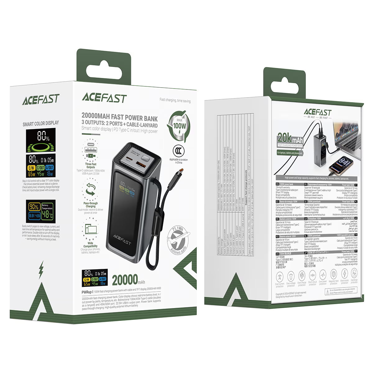 ACEFAST M33 Power Bank 20000mAh 100W – Built-in Cable, TFT Display, AVS Fast Charging