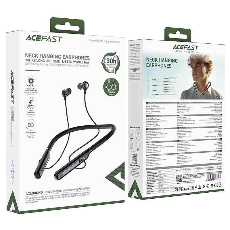 ACEFAST N5 Neck-Hanging Wireless Earphones – Bluetooth 5.4 | 30H Battery | USB-C | IPX4 | Skin-Friendly Silicone