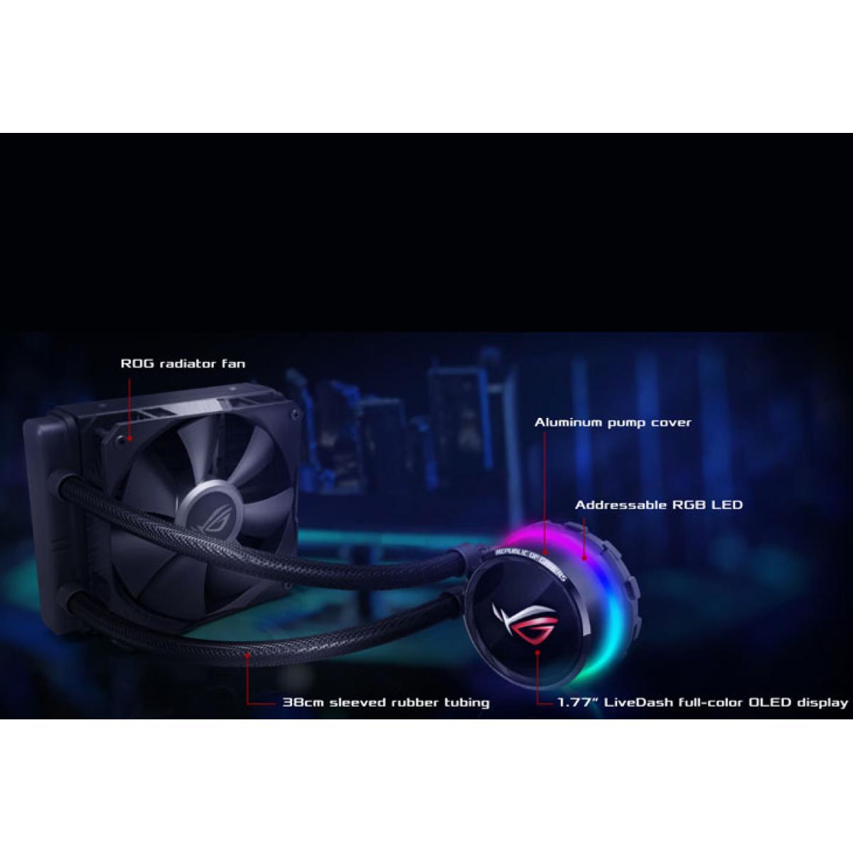 ASUS ROG Ryuo 120 all-in-one liquid CPU cooler with color OLED, Aura Sync RGB, and ROG 120mm radiator fan