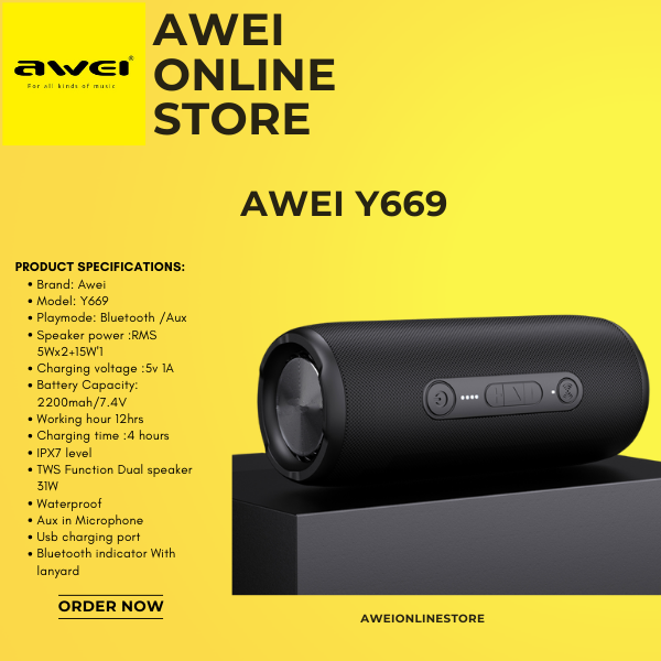 Awei Outdoor Bluetooth 5.0 Speaker Portable Sound Box Super Power 3D Stereo Surround Sound