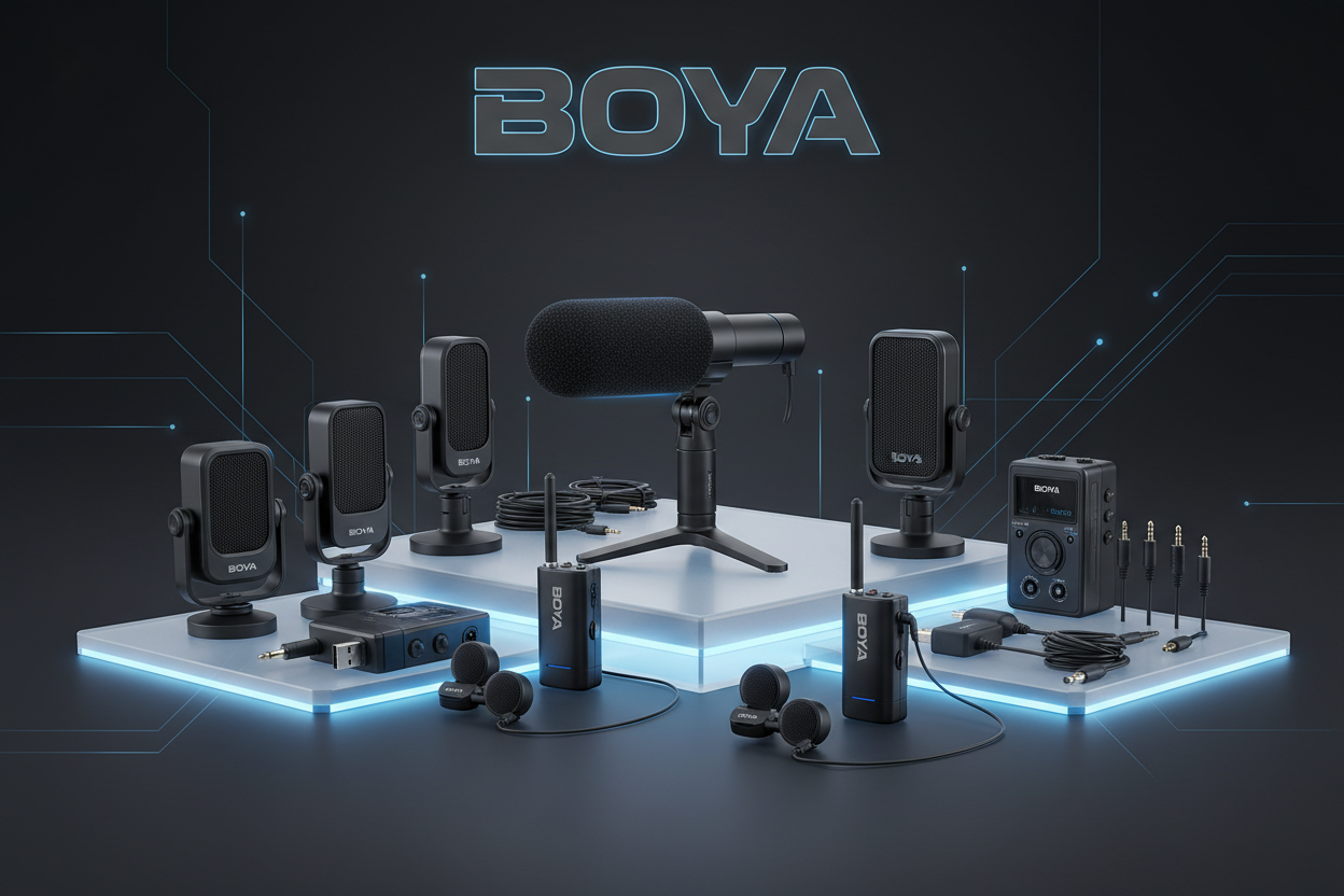 اعمل صورة لبراند boya باستخدام منتجات يلي بالرابط https://jo-cell.com/collections/boya واكتب فوق الصورة اسم البراند Boya