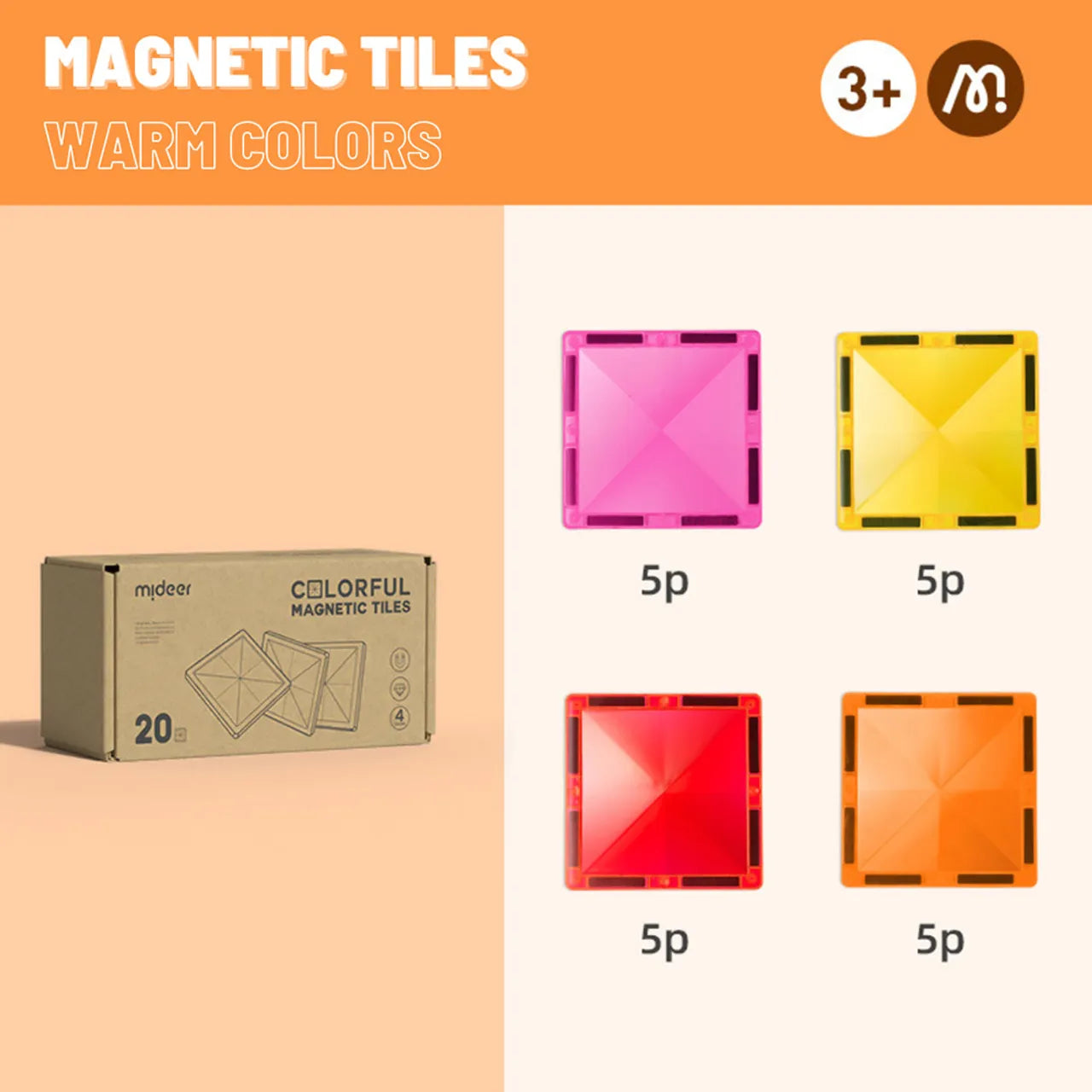 Mideer Colorful Magnetic Tiles 20pcs - Warm Color