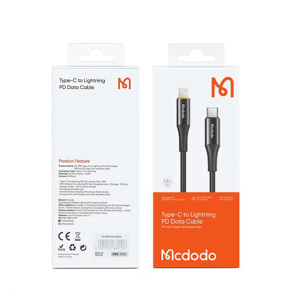 Mcdodo 20W Type C to Lightning Cable 1.2M Fast Charging - Black