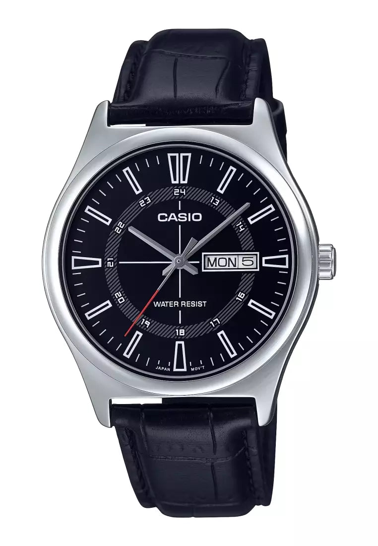 Casio MTP-V006L-1C Men's Leather Band 24 Hour Black Index Dial Day Date Watch Casio MTP-V006L-1C Men's Leather Band 24 Hour Black Index Dial Day Date Watch