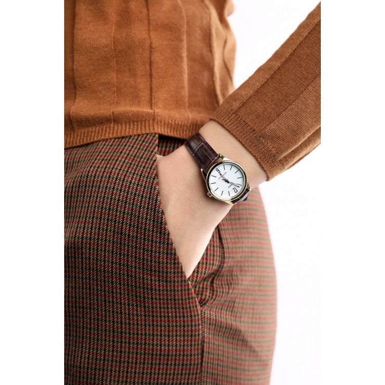 Casio Simple Brown Leather White Dial For Women LTP-V005GL-7B