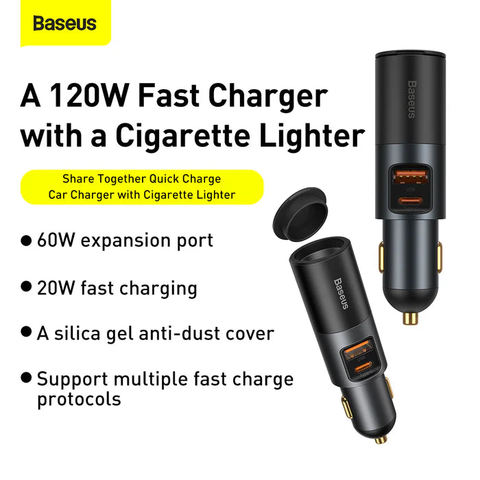 Baseus 120W Car Charger with USB Type-C and Cigarette Lighter Socket Baseus 120W Car Charger with USB Type-C and Cigarette Lighter Socket
