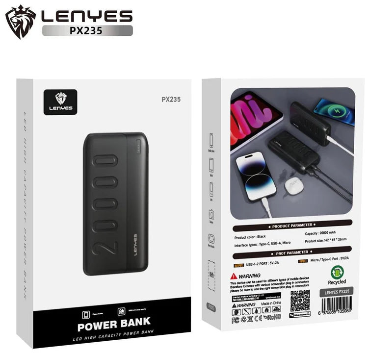 باور بانك Lenyes PX235 20000mAh شحن سريع وطاقة مضاعفة
