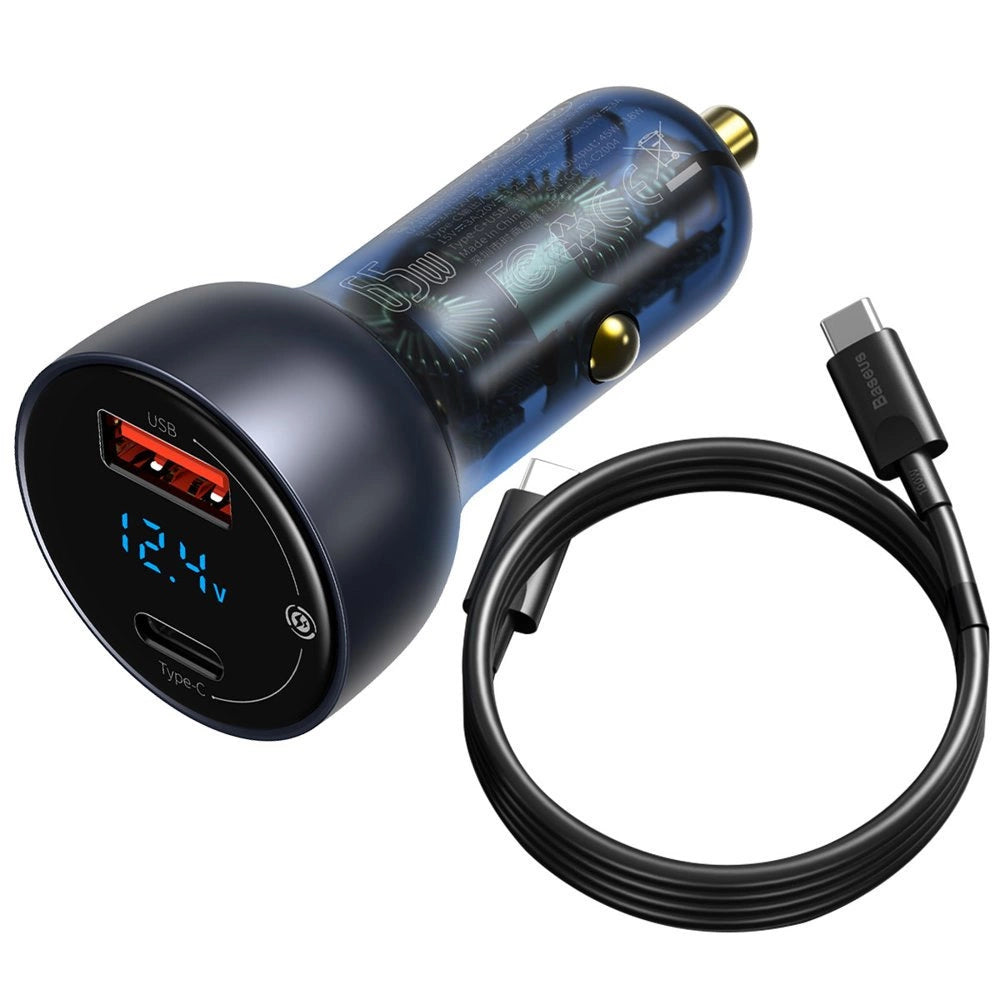 Baseus 65W Car Charger USB/Type C with LCD Screen and Type C Cable Baseus 65W Car Charger USB/Type C with LCD Screen and Type C Cable