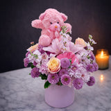 Flower Box with Teddy Bear 25 – Purple Chrysanthemum & Pink Bear Gift