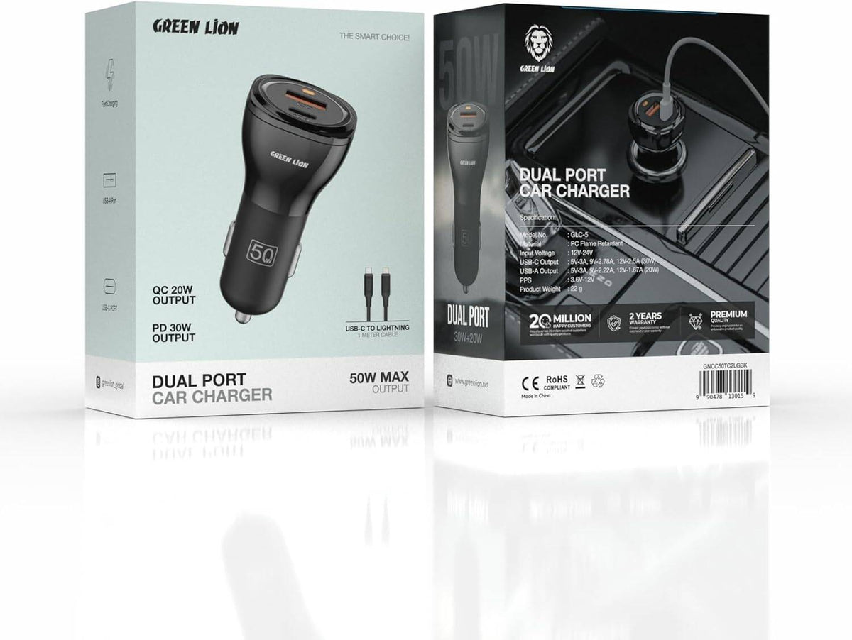 Green Lion 50W Car Charger + C to Lightning Cable | Dual Port Green Lion 50W Car Charger + C to Lightning Cable | Dual Port