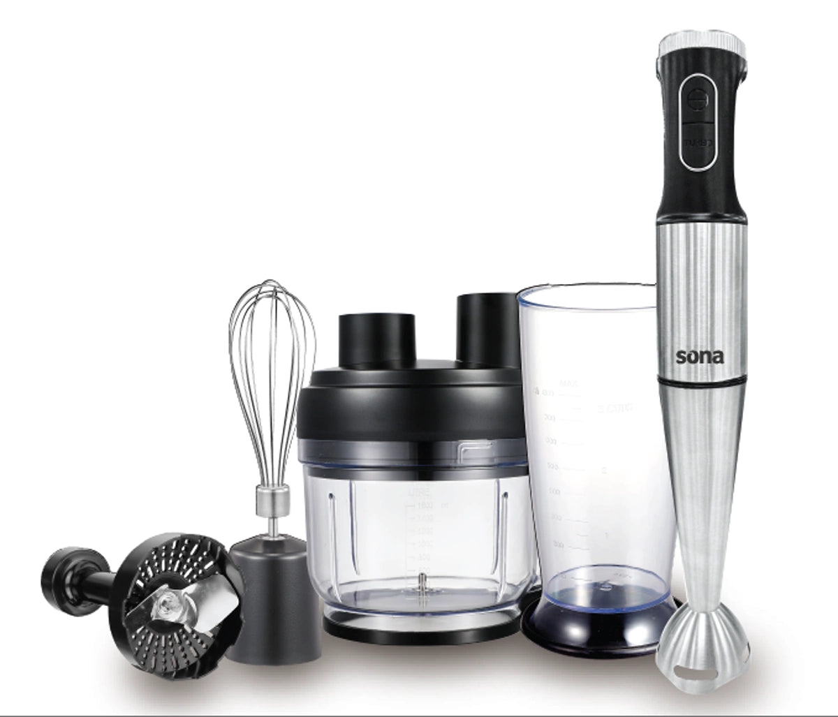 Sona 1500W Hand Blender with 2.5L Food Processor & Titanium Blade Sona 1500W Hand Blender with 2.5L Food Processor & Titanium Blade