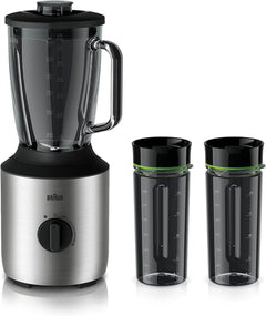 Braun PowerBlend Blender 800W 1.5L Glass Jug Variable Speed & Pulse with 2 Smoothie2Go Cups – Silver (JB3272SI)