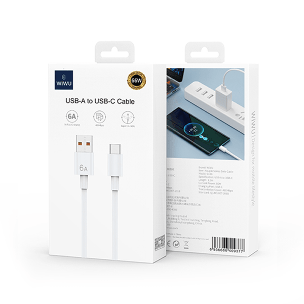 Wiwu G104 كابل شحن سريع 66 وات USB-A إلى Type-C وكابل بيانات بطول 1.2 متر - أبيض