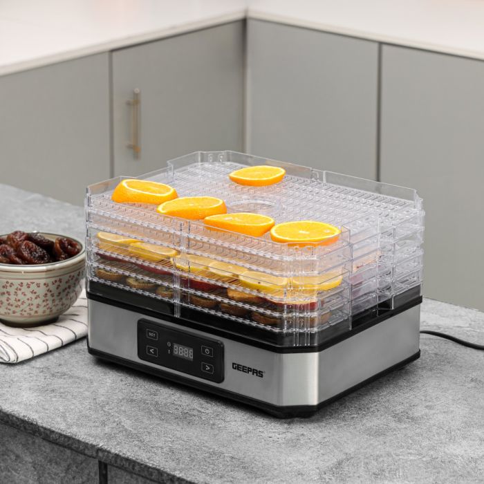 Geepas 500W Digital Food Dehydrator, 5-Layer, 48H Timer, Black/Silver GFD63013UK