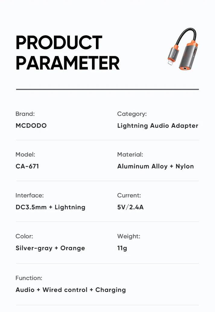 Mcdodo Lightning to DC3.5mm Lightning Adapter Audio & Charge - Grey