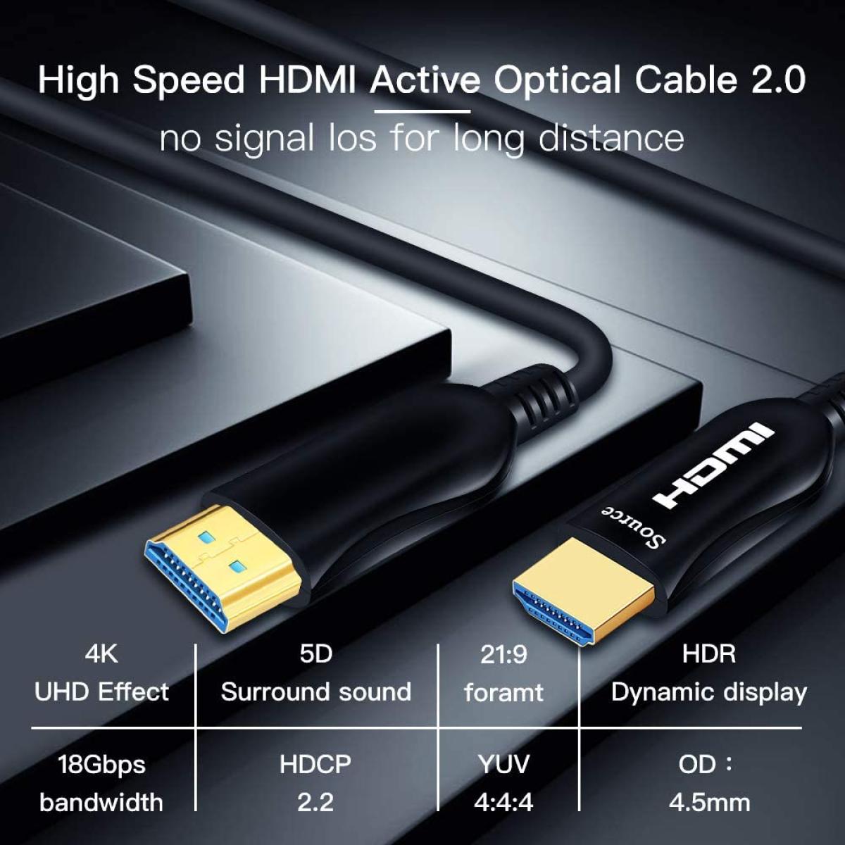 كابل HDMI عالي الدقة من الألياف الضوئية النشطة بطول 20 مترًا