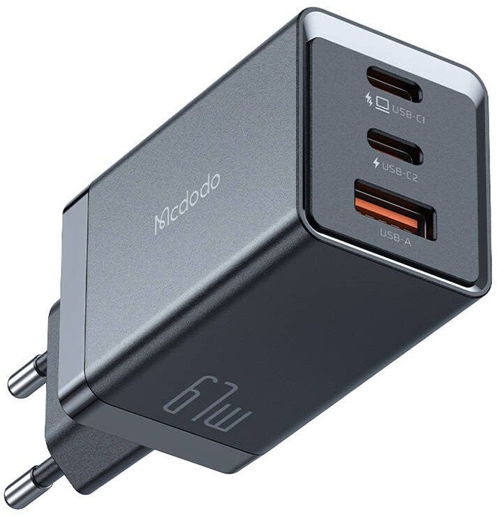 Mcdodo GaN wall charger, 2x USB-C, 1x USB, 67W + USB-C to USB-C cable - Black