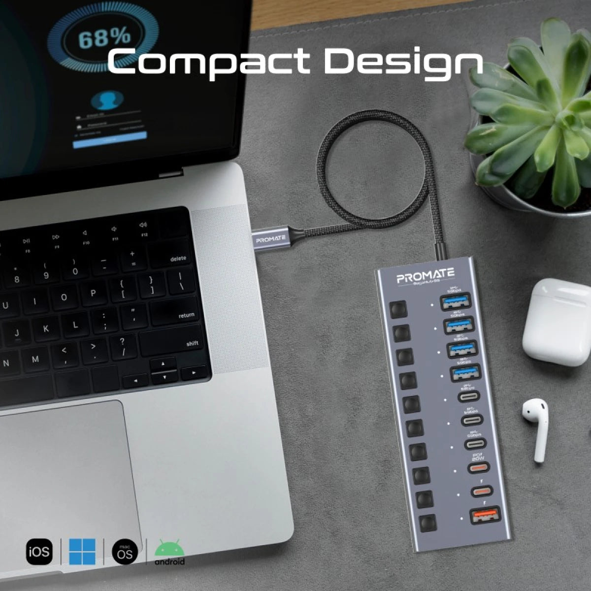 Promate GegaHub-5G 10-in-1 USB-C Multiport Hub with 5Gbps Data Transfer