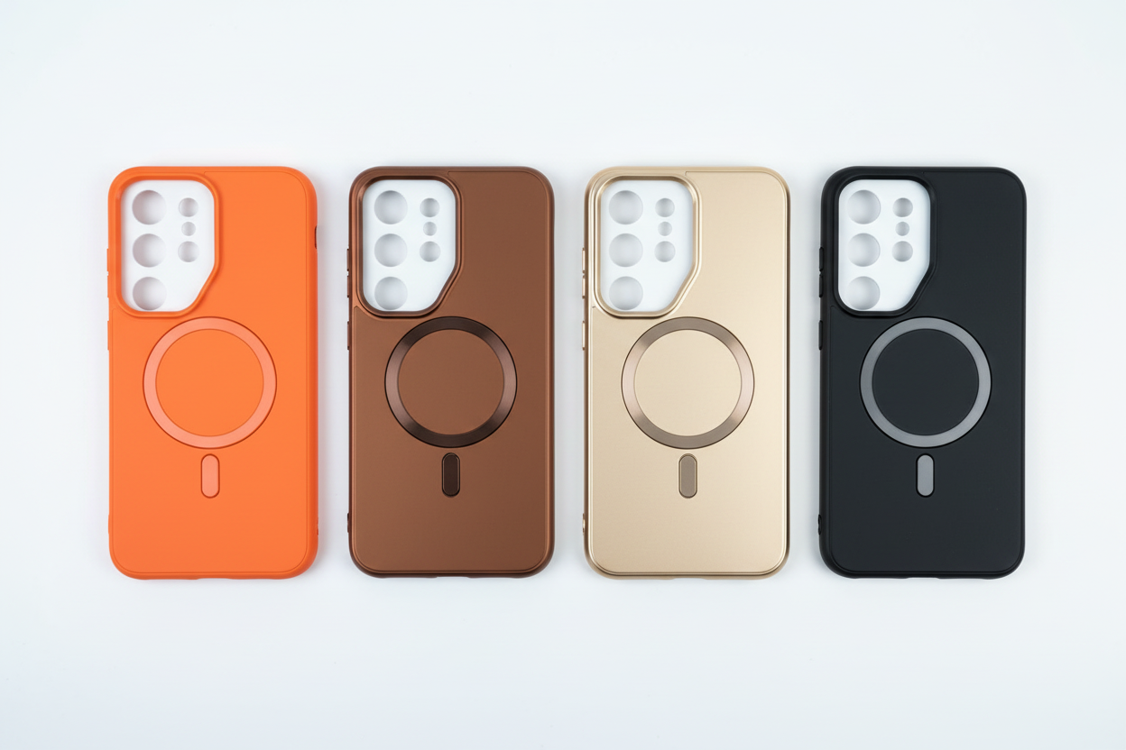 S26 Magnetic Ring Phone Case with Stand in multiple colors on white background