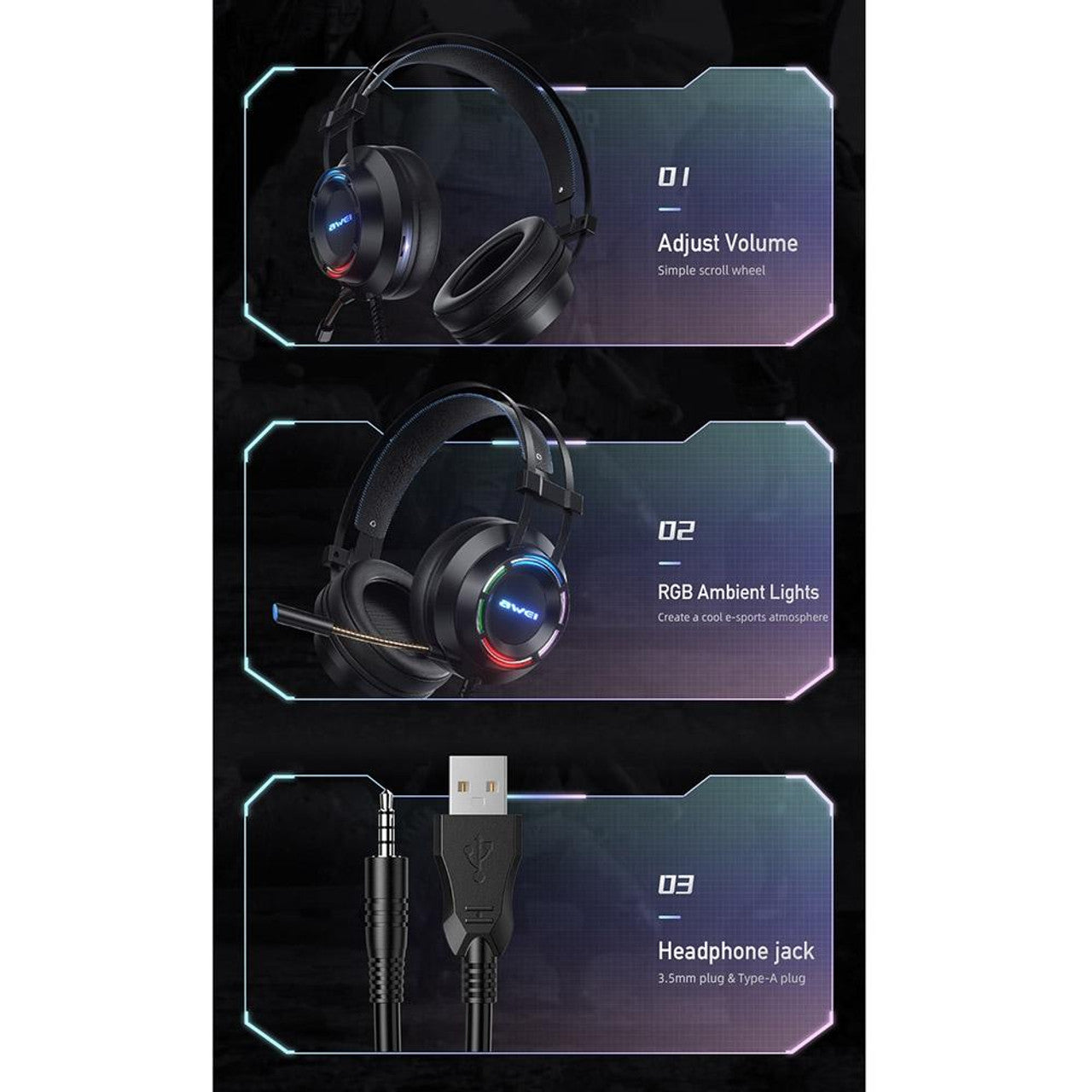 Awei USB + 3.5mm Ambient Light Gaming Wired Headset with Microphone - Black Awei USB + 3.5mm Ambient Light Gaming Wired Headset with Microphone - Black