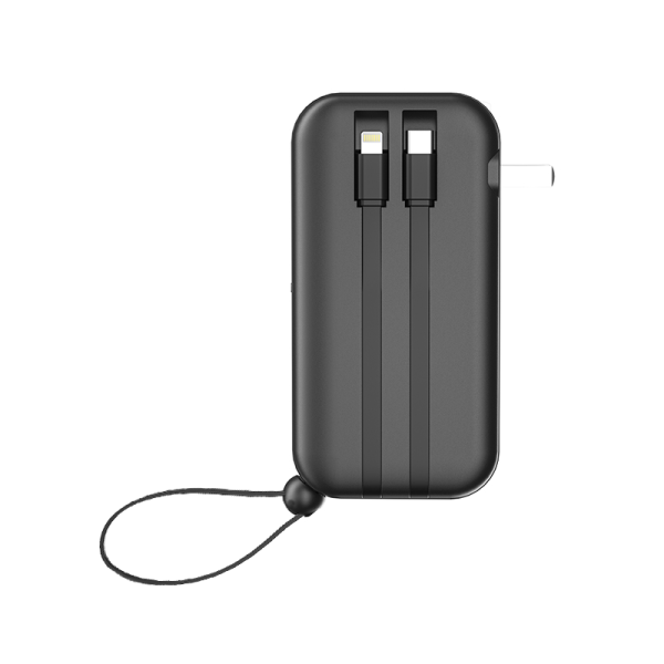 Wiwu 3 in 1 US+UK+EU 22.5w quick wall charger - 10000mAh power bank with built-in cable - black