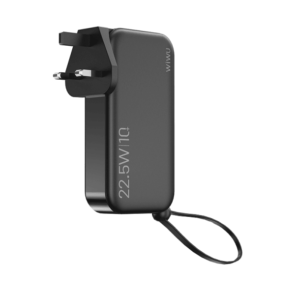 Wiwu 3 in 1 US+UK+EU 22.5w quick wall charger - 10000mAh power bank with built-in cable - black