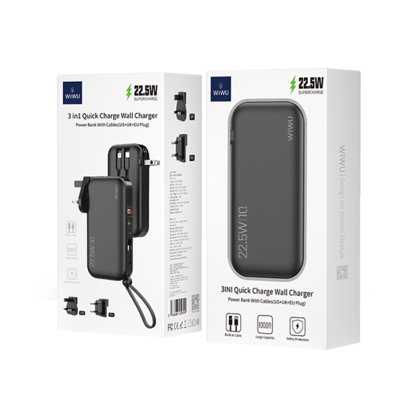 Wiwu 3 in 1 US+UK+EU 22.5w quick wall charger - 10000mAh power bank with built-in cable - black