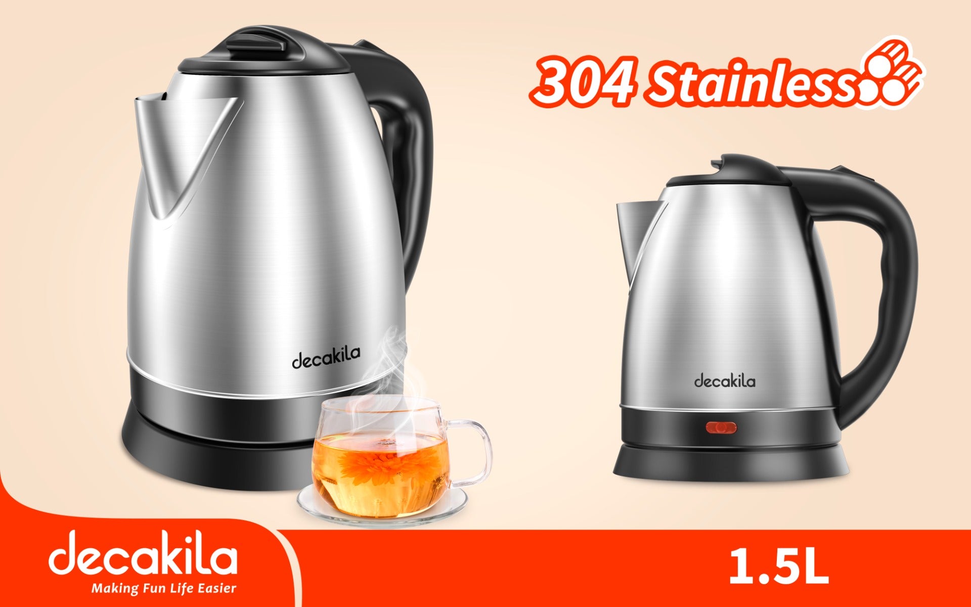 Decakela 1.5L Stainless Steel Electric Kettle with Base (KEKT002B)