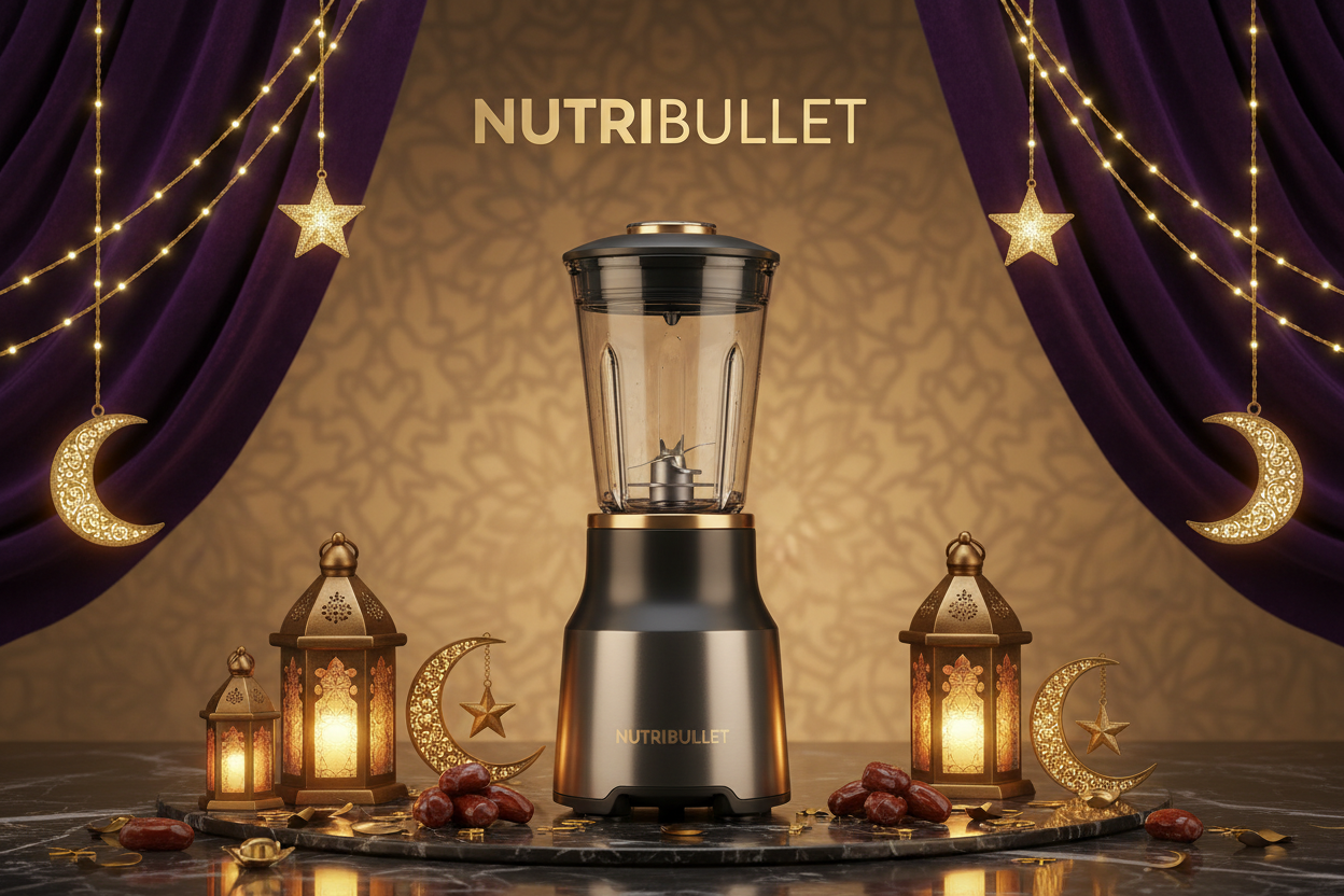 صورة خلاط من NUTRIBULLET مع كتابة اسم البراندفوقها وطابع رمضاني