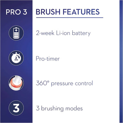 Oral-B Pro 3 3000 Electric Toothbrush With Smart Pressure Sensor & 2 Charcoal Infused Heads - Black