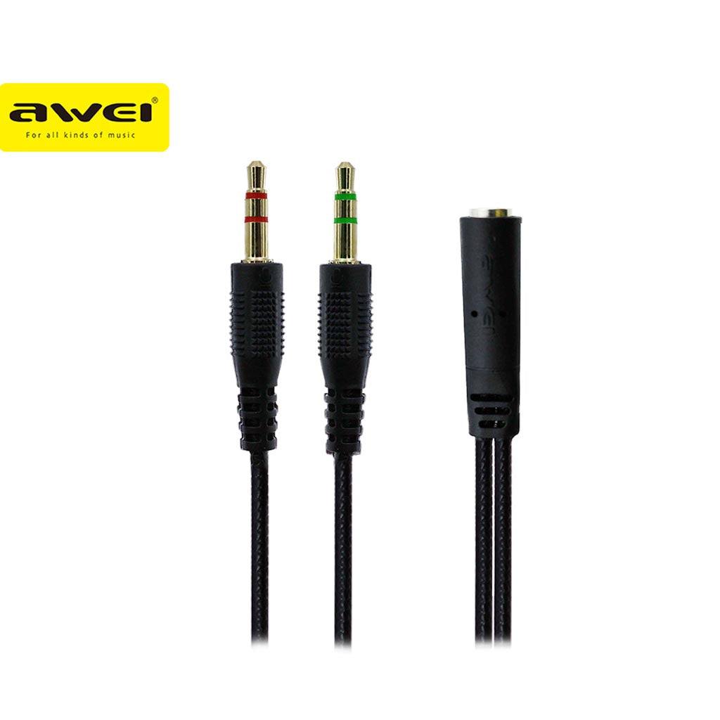 Awei Audio Splitter / AUX Cord 3.5mm Headset Microphone 2 Male Jack 1 Female Port Cable