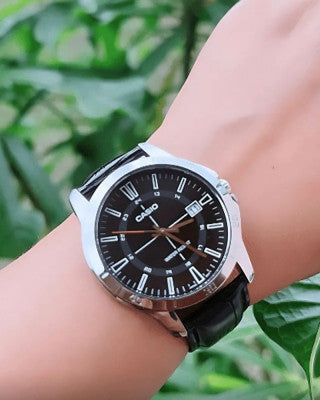 Casio MTP-V004L-1c Men's Stainless Steel Leather Band Black Dial Date Watch