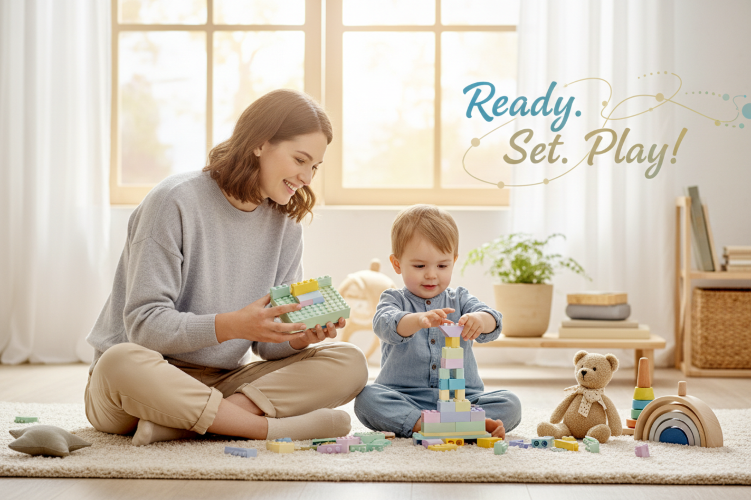 اعمل بانر لصورة طفل وام بلعبو بالليجو وجنبهم العاب واكتب عليها Ready. Set. Play! بس خلي البانر هادئ