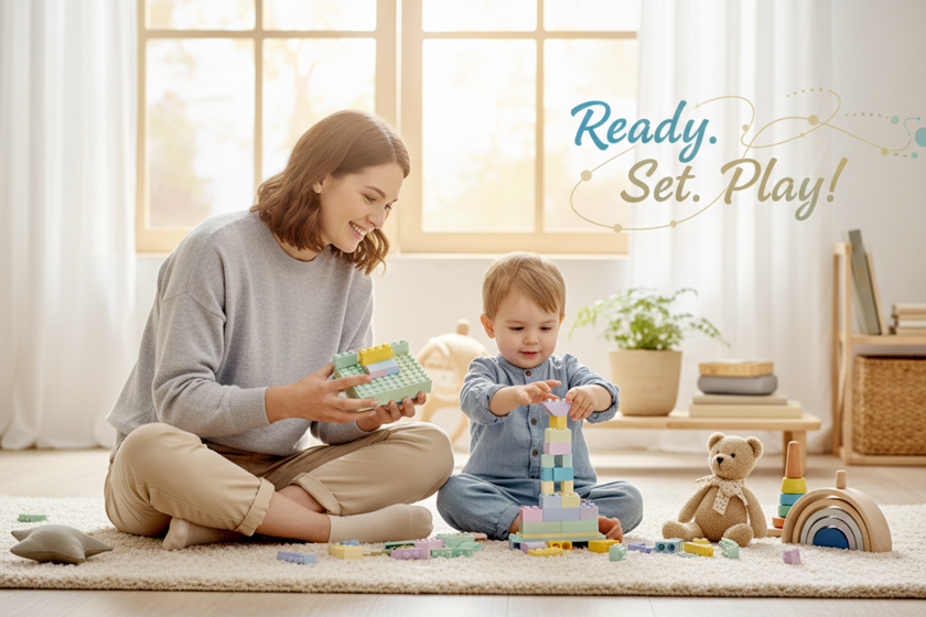 اعمل بانر لصورة طفل وام بلعبو بالليجو وجنبهم العاب واكتب عليها Ready. Set. Play! بس خلي البانر هادئ